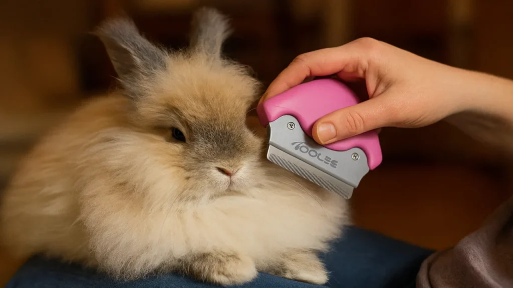 Lapin angora se faisant brosser la fourrure.