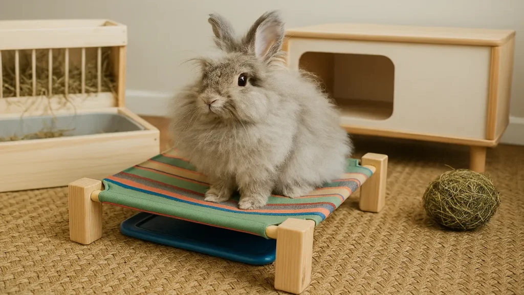 Lapin angora assis sur un petit lit dans un environnement intérieur.